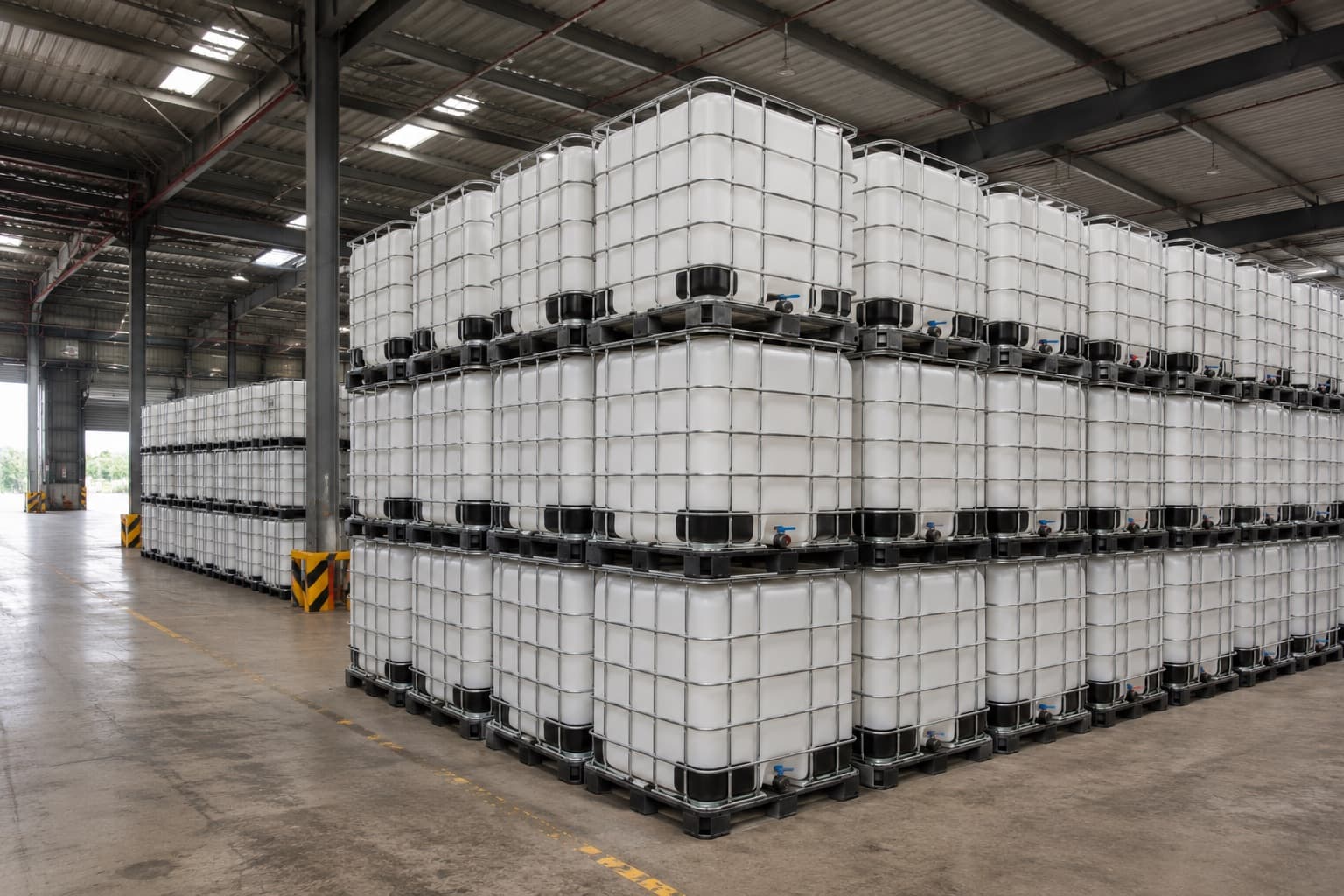 Cuves IBC de 1 000 litres en entrepôt logistique
